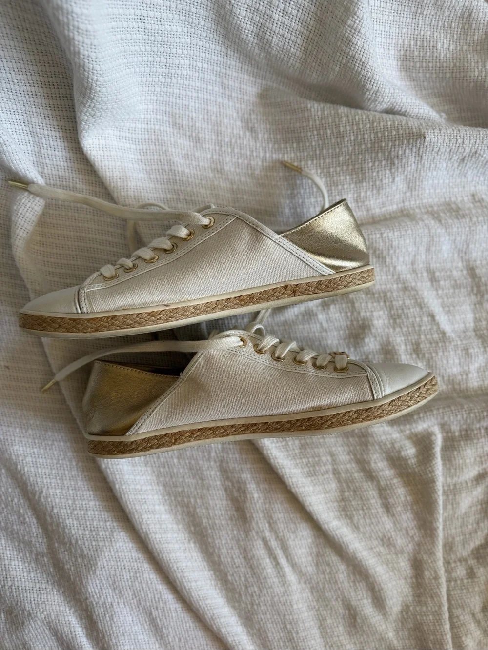 Michael Kors Cream Canvas & Leather Lace-Up Sneakers with Gold Accents